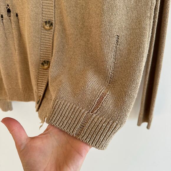 Zara Linen Blend Distressed Knit Button Front Cardigan Sweater Brown M - Picture 5 of 8